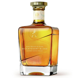 Three-quarter view of a bottle of John Walker & Sons Bicentenary Blend - 28 Year Old whisky against white background