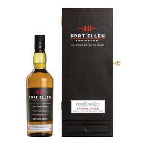 A bottle of Port Ellen 40 Year Old 9 Rogue Casks, Islay Single Malt Scotch Whisky with box against white background