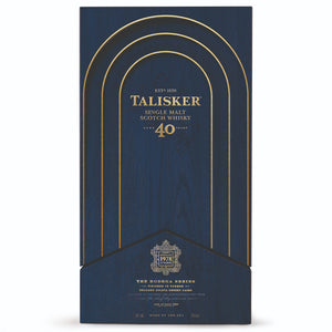 Box of Talisker Bodega 40 Year Old, Single Malt Scotch Whisky against white background