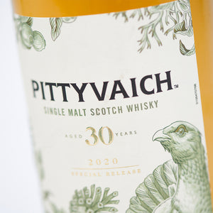 A close up of Pittyvaich 30 Year Old Special Release 2020 Single Malt Scotch Whisky bottle against a white background