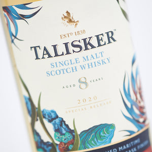 Closeup of Talisker 8 Year Old Special Release 2020, Single Malt Scotch Whisky bottle label