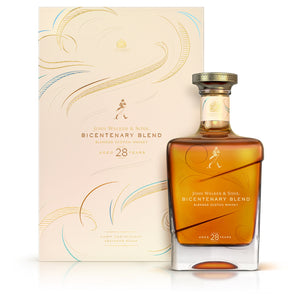 A bottle of John Walker & Sons Bicentenary Blend - 28 Year Old whisky with box against white background