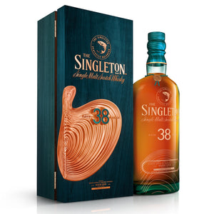 A bottle of The Singleton of Glen Ord 38 Year Old, Single Malt Scotch Whisky with box, angled view