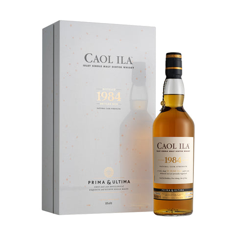 A bottle of Caol Ila 1984 - Prima & Ultima with box against clean white background