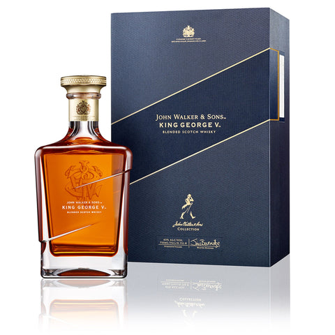 A bottle of John Walker & Sons King George V, Blended Scotch Whisky with box against white background