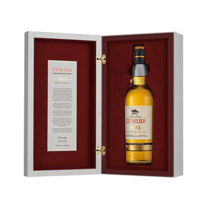 A bottle of Clynelish 1993 - Prima & Ultima, 26 Year Old Single Malt Scotch Whisky in opened box against white background