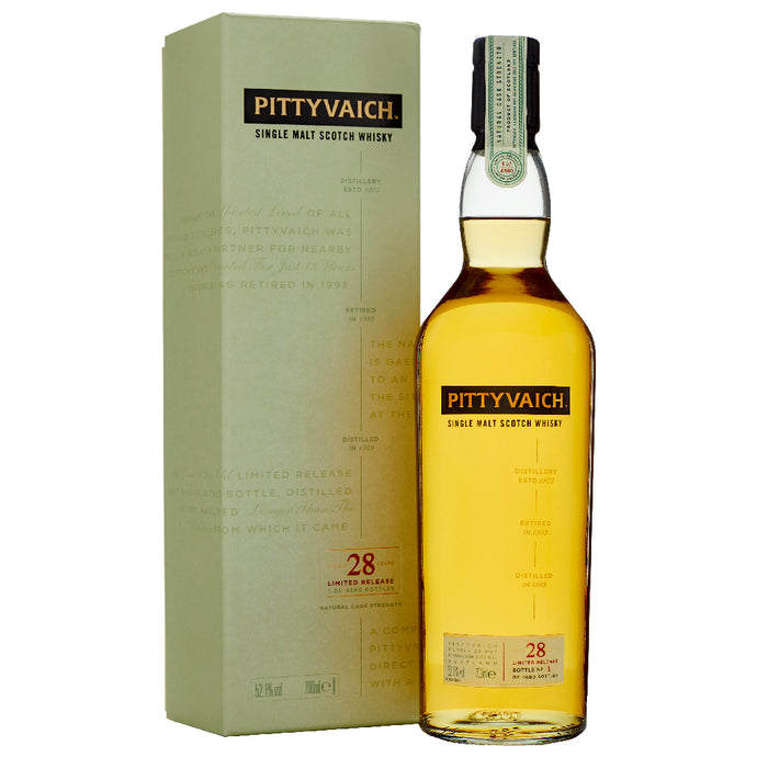 Pittyvaich 28 Year Old Single Malt Scotch Whisky bottle and box against a white background