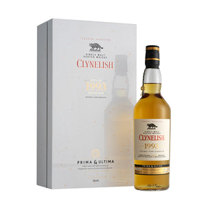 A bottle of Clynelish 1993 - Prima & Ultima, 26 Year Old Single Malt Scotch Whisky with box against white background