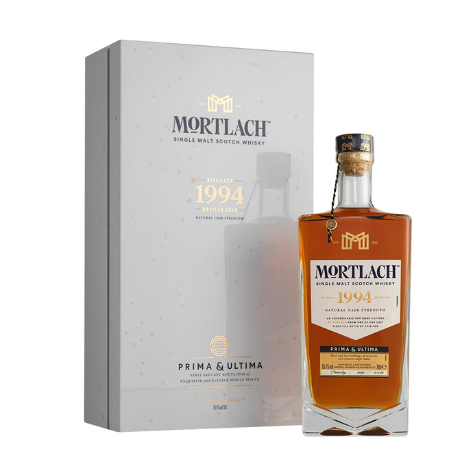 A bottle of Mortlach 1994 - Prima & Ultima 25 Year Old Single Malt Scotch Whisky with box against clean white background