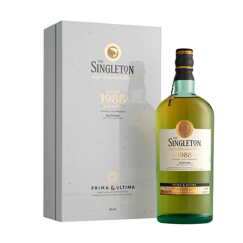 A bottle of The Singleton of Dufftown 1988 - Prima & Ultima, 30 Year Old Single Malt Whisky with box against white background