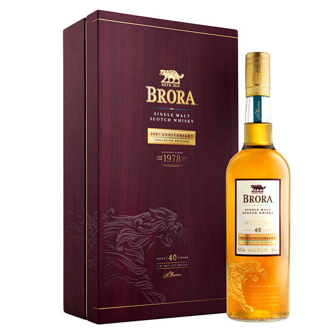 A bottle of Brora 40 Year Old - 200th Anniversary Edition with box against clean white background