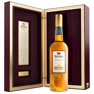 A bottle of Brora 40 Year Old - 200th Anniversary Edition in front of opened box against clean white background