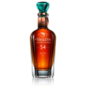 A bottle of The Singleton 54 Paragon of Time II, Single Malt Scotch Whisky with green cap seal against white background