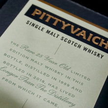 Load image into Gallery viewer, A close up of Pittyvaich 28 Year Old Single Malt Scotch Whisky box description against a white background

