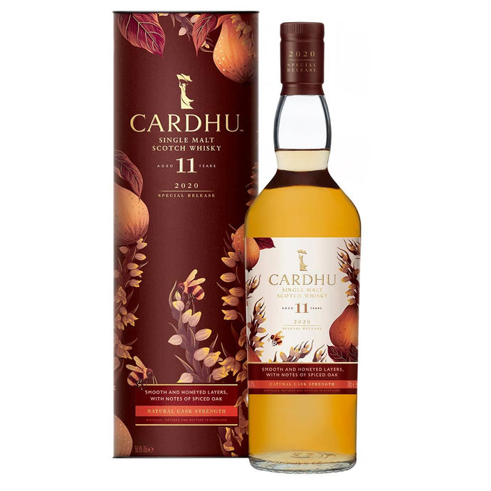 A bottle of Cardhu 11 Year Old Special Release 2020, Single Malt Scotch Whisky with box against white background