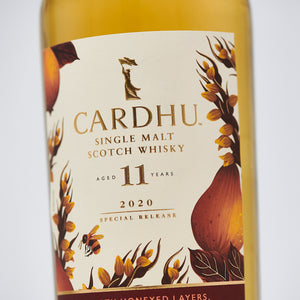 Closeup of Cardhu 11 Year Old Special Release 2020, Single Malt Scotch Whisky bottle label against white background