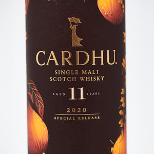Closeup of Cardhu 11 Year Old Special Release 2020, Single Malt Scotch Whisky box label against white background