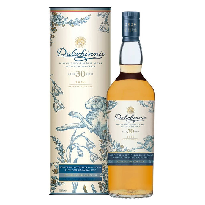 A bottle of Dalwhinnie 30 Year Old Special Release 2020, Highland Single Malt Whisky with box against white background