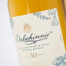 Load image into Gallery viewer, Closeup of Dalwhinnie 30 Year Old Special Release 2020, Highland Single Malt Whisky bottle label against white background
