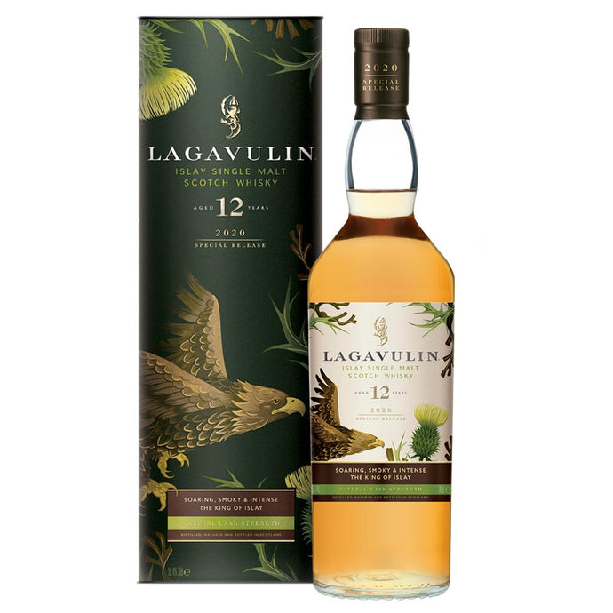 A bottle of Lagavulin 12 Year Old - Special Release 2020, Islay Single Malt Whisky with box against clean white background