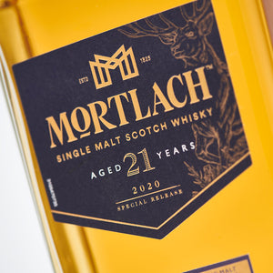 Closeup of Mortlach 21 Year Old Special Release 2020, Speyside Single Malt Whisky bottle label against white background