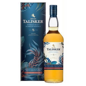 A bottle of Talisker 8 Year Old Special Release 2020, Single Malt Scotch Whisky with box against white background