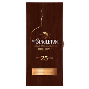 Wooden box of The Singleton of Dufftown 25 Year Old Single Malt Scotch Whisky against clean white background