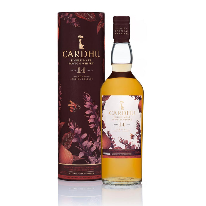 A bottle of Cardhu 14 Year Old Special Release 2019, Speyside Single Malt Scotch Whisky with box against white background