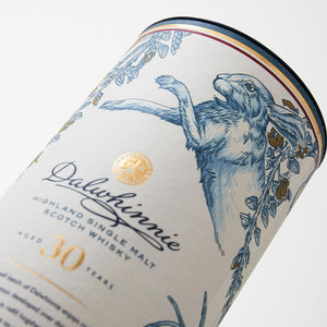 Closeup of Dalwhinnie 30 Year Old Special Release 2019, Highland Single Malt Whisky box label against white background