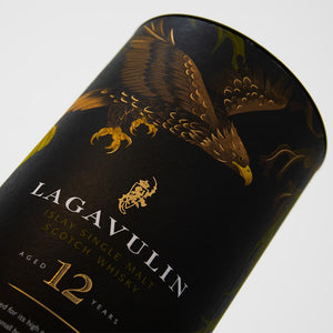 Closeup of Lagavulin 12 Year Old Special Release 2019, Islay Single Malt Whisky box design detail against white background