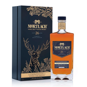 A bottle of Mortlach 26 Year Old Special Release 2019 Single Malt Whisky with box against clean white background