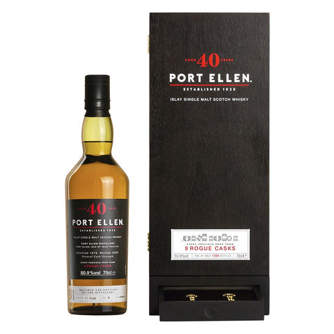 A bottle of Port Ellen 40 Year Old 9 Rogue Casks, Islay Single Malt Scotch Whisky with box, drawer pulled out with 2 keys